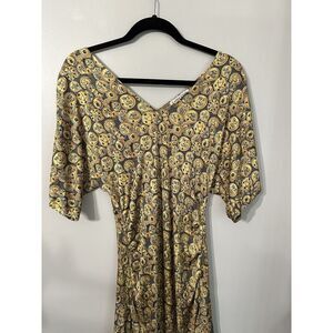 Kathy‎ Kemp Anna Women's Dress Sz2 Brown Coin Design Cinch Waist Flutter Sleeve